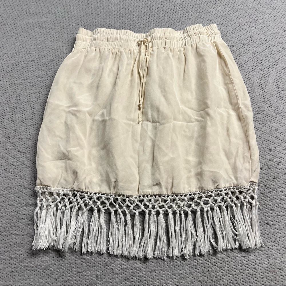 ⭐️ Amour Vert Cream Ivory elastic Waistband Tassel Fringe Skirt Size Small
